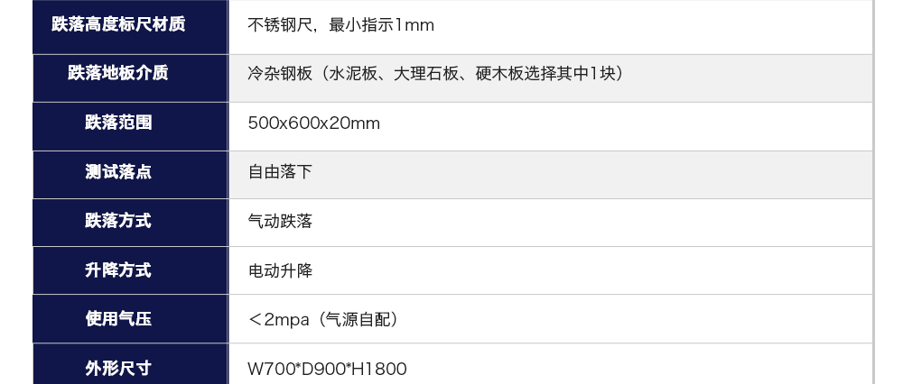 電池跌落試驗機(jī)參數(shù)